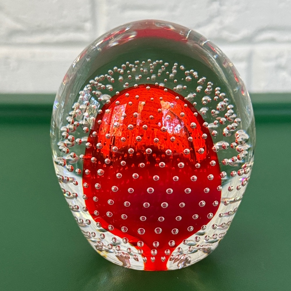 Pilgrim Art Glass Red Controlled Bubble Bullicante Paperweight 3.5” tall